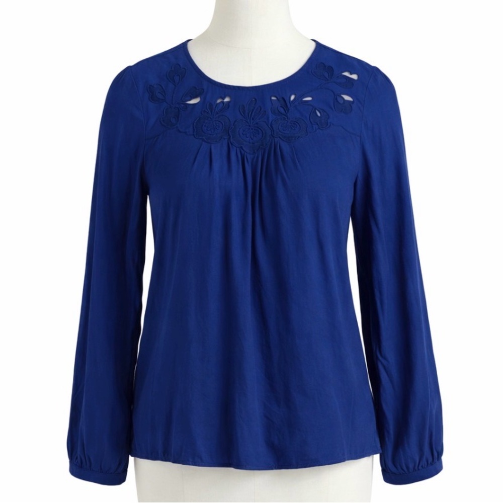 Boden Cobalt Blue Floral Embroidery Long Sleeve Blouse Keyhole Back Size 10